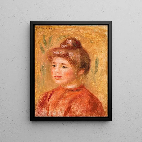 Bust of Woman in Red Buste de femme en rouge - Pierre-Auguste Renoir — framed artwork on a wall