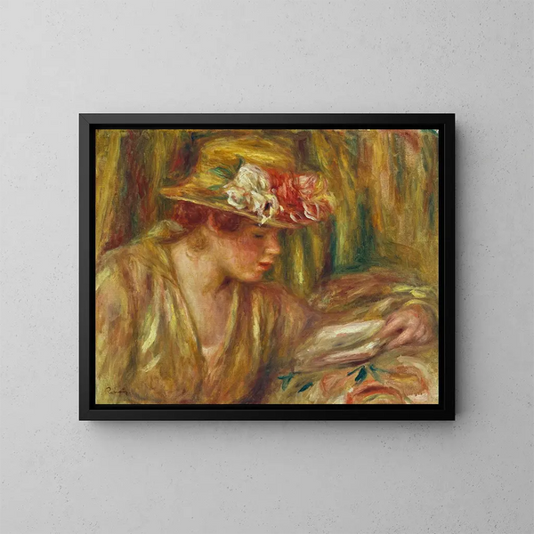 Bust of a Woman in a Hat Reading with Head Turned to the Right - Pierre-Auguste Renoir — framed artwork on a wall