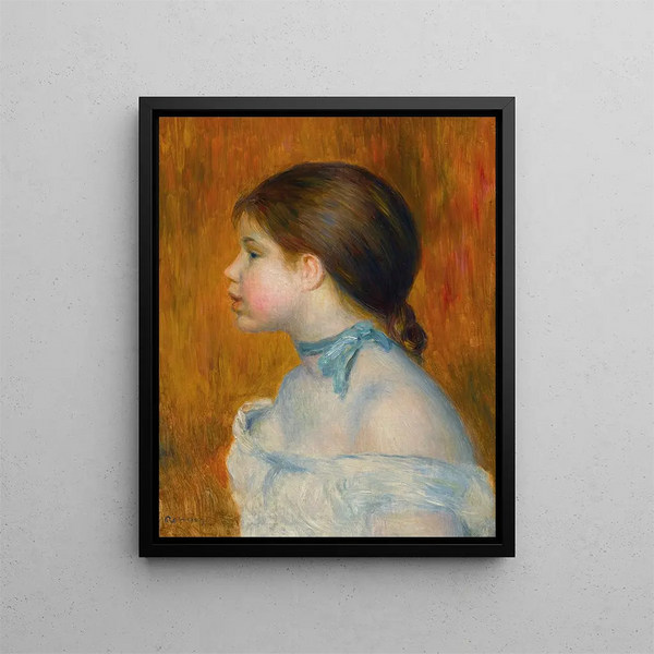 Bust of a Young Girl with a Blue Ribbon - Pierre-Auguste Renoir — framed artwork on a wall