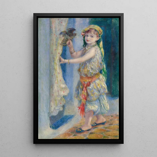 Child with a Bird Mademoiselle Fleury in Algerian Costume - Pierre-Auguste Renoir — framed artwork on a wall