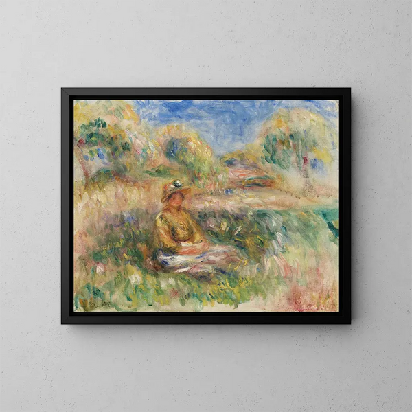 a seated woman in a landscape - Pierre-Auguste Renoir — framed artwork on a wall