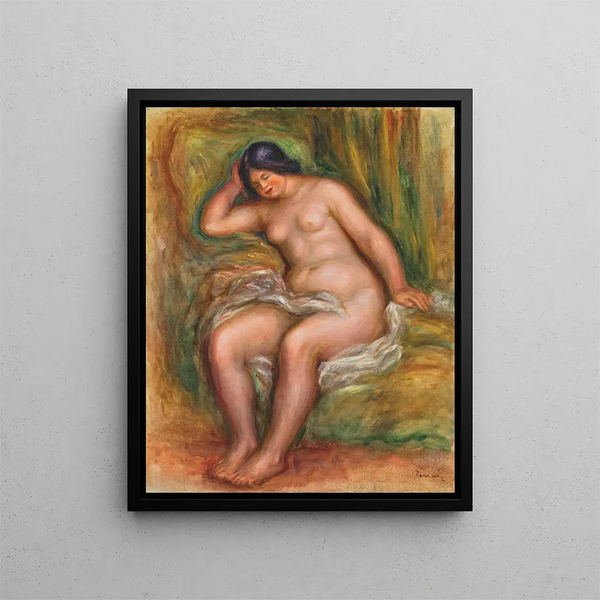 a Nude Woman Sitting Resting on a Green Cushion - Pierre-Auguste Renoir — framed artwork on a wall