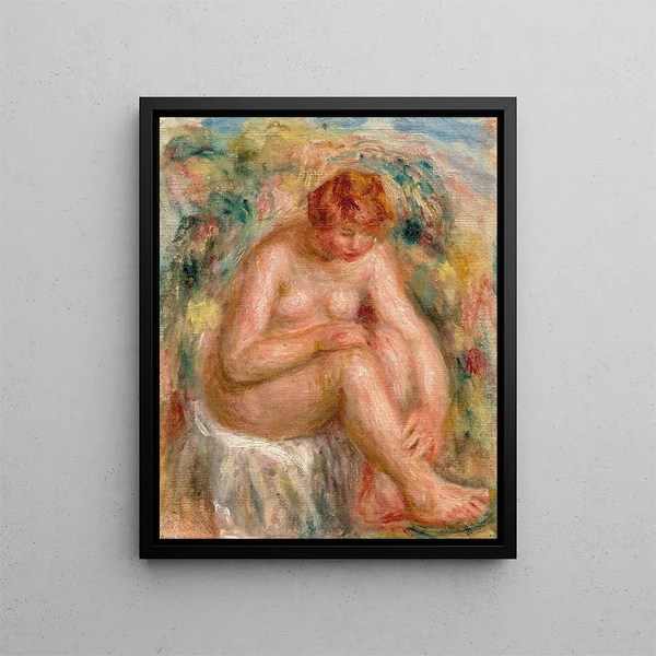 a Nude Woman Sitting in Three-Quarter View Bathing - Pierre-Auguste Renoir — framed artwork on a wall