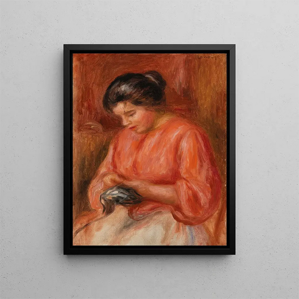 Girl Darning Femme reprisant - Pierre-Auguste Renoir — framed artwork on a wall