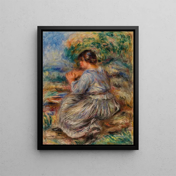 Girl Seated in a Landscape Young girl sitting in a garden - Pierre-Auguste Renoir — framed artwork on a wall