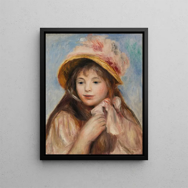 Girl with Pink Bonnet Young girl with pink hat - Pierre-Auguste Renoir — framed artwork on a wall