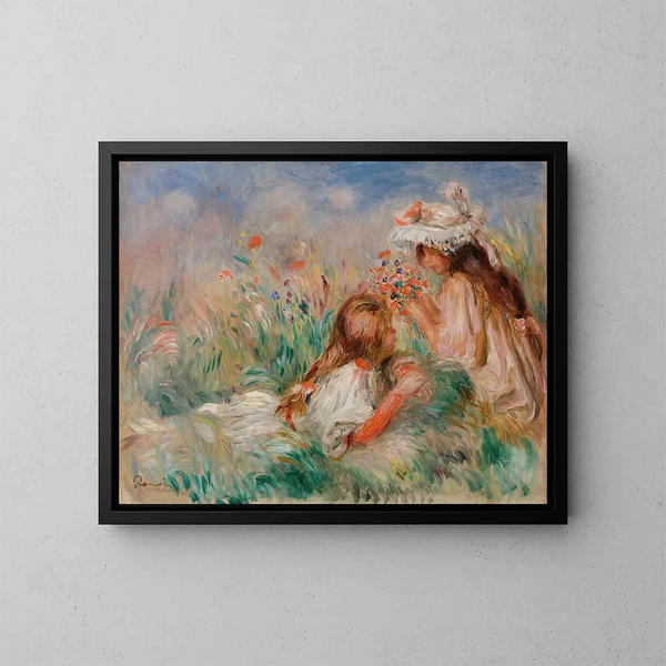 Girls in the Grass Arranging a Bouquet - Pierre-Auguste Renoir — framed artwork on a wall