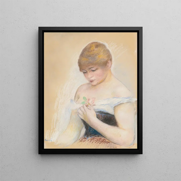 Young woman holding a flower Portrait of Jeanne Samary - Pierre-Auguste Renoir — framed artwork on a wall