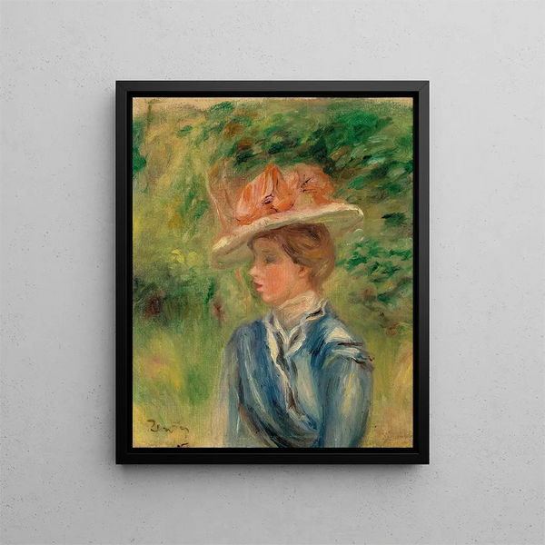 Young woman with a floral hat - Pierre-Auguste Renoir — framed artwork on a wall