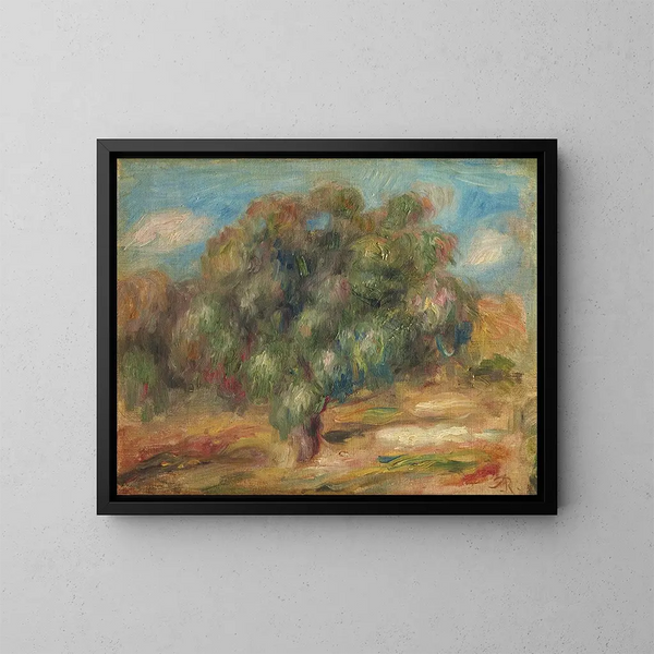 Landscape with Woman Gardening - Pierre-Auguste Renoir — framed artwork on a wall