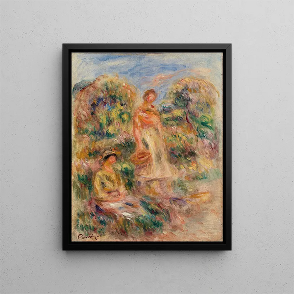 Standing Woman and Seated Woman in a Landscape Une femme debout et une femme assise dans un paysage - Pierre-Auguste Renoir — framed artwork on a wall