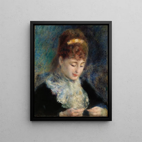 Woman Crocheting Femme faisant du crochet - Pierre-Auguste Renoir — framed artwork on a wall