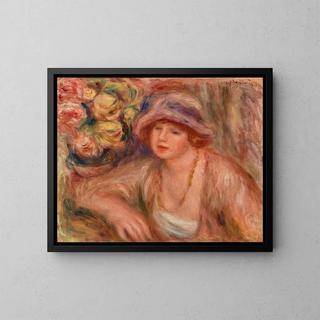 a Woman leaning on a table - Pierre-Auguste Renoir — framed artwork on a wall