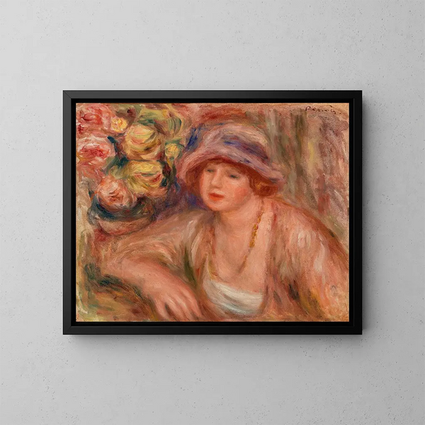 a Woman leaning on a table - Pierre-Auguste Renoir — framed artwork on a wall