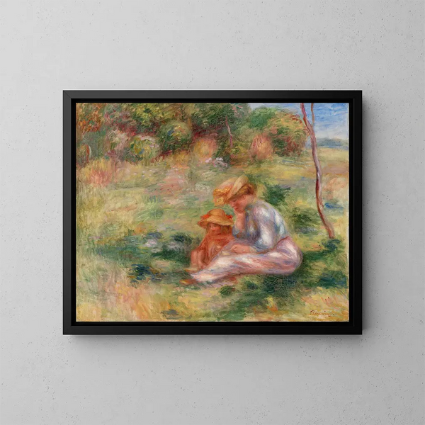 Woman and Child in the Grass - Pierre-Auguste Renoir — framed artwork on a wall