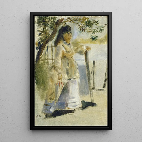 Woman near a fence - Pierre-Auguste Renoir — framed artwork on a wall