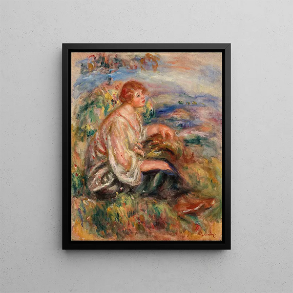Woman in Tulle Blouse and Black Skirt Femme en blouse de tulle et en jupe noire dans un paysage - Pierre-Auguste Renoir — framed artwork on a wall