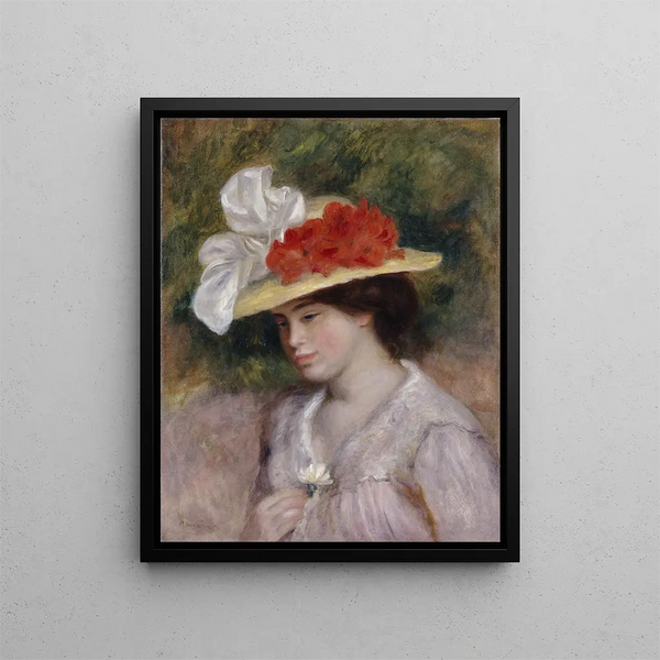 Woman with a Flowered Hat - Pierre-Auguste Renoir — framed artwork on a wall