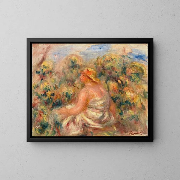 Woman with Hat in a Landscape - Pierre-Auguste Renoir — framed artwork on a wall
