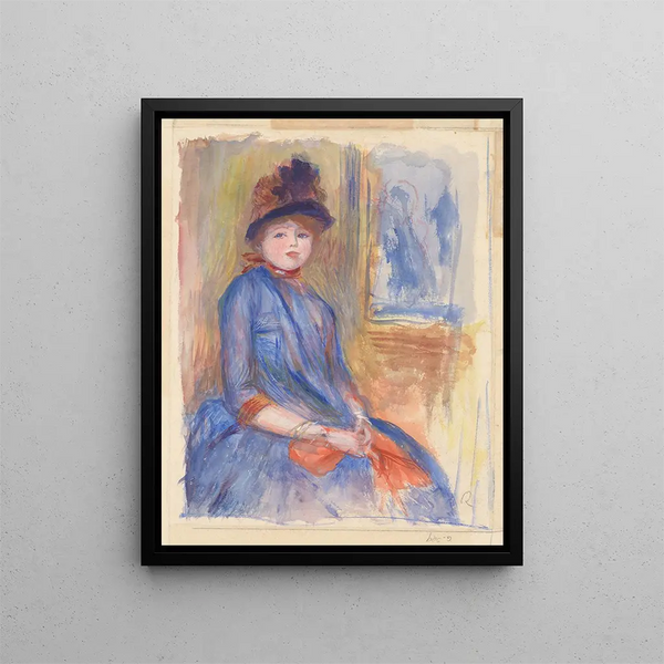 Young Girl in Blue Dress - Pierre-Auguste Renoir — framed artwork on a wall