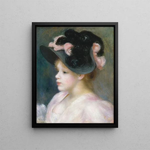 Young Girl with Pink and Black Hat - Pierre-Auguste Renoir — framed artwork on a wall