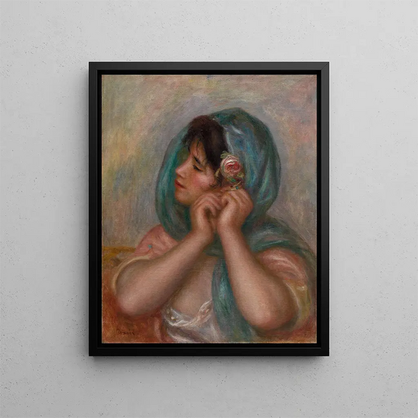 Young woman adjusting her earring - Pierre-Auguste Renoir — framed artwork on a wall