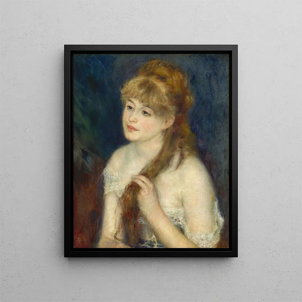 Young woman braiding her hair - Pierre-Auguste Renoir — framed artwork on a wall