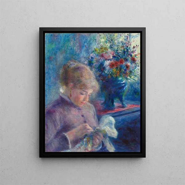 Young woman sewing - Pierre-Auguste Renoir — framed artwork on a wall