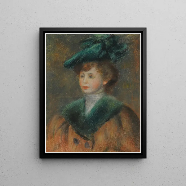Young woman with green hat - Pierre-Auguste Renoir — framed artwork on a wall