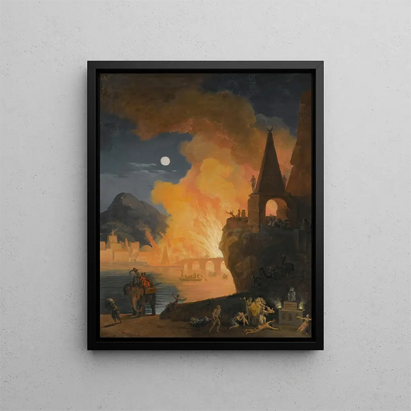 a Night landscape with fleeing characters from the fire of Alexandria - Pierre-Jacques Volaire — framed artwork on a wall