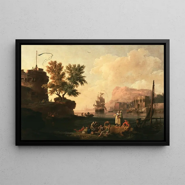 Mediterranean port scene painting - Pierre-Jacques Volaire — framed artwork on a wall