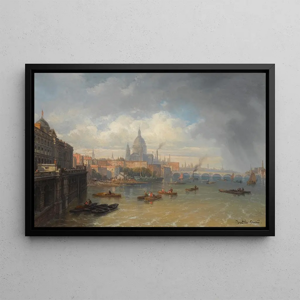 The Thames with Somerset House and St. Paul's Cathedral - Pierre-Justin Ouvrié — framed artwork on a wall