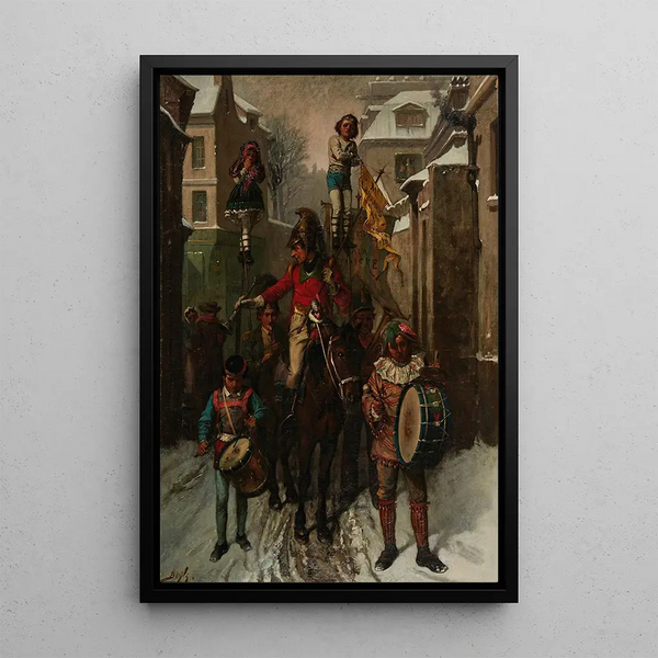 The circus arriving in town on a snowy evening - Pierre-Marie Beyle — framed artwork on a wall