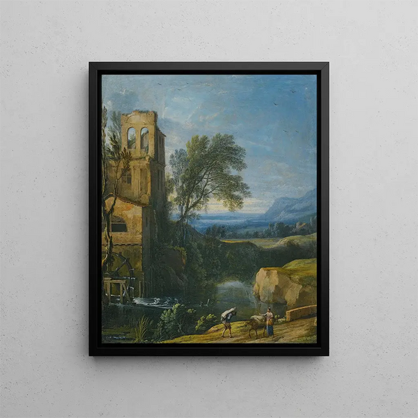 a river landscape with a water mill on the left and characters with a donkey in the foreground - Pierre Antoine Patel the Younger — framed artwork on a wall