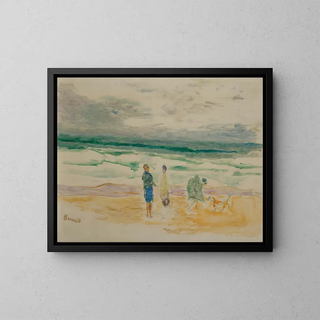 La plage, trois personnages et un chien - Pierre Bonnard — framed artwork on a wall