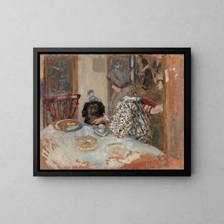 Woman and Dog at the Table - Pierre Bonnard — framed artwork on a wall