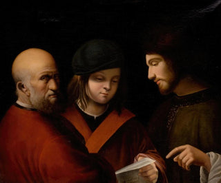 Trois hommes lisant une partition musicale - Pierre Carloni — artwork view