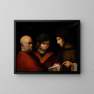Trois hommes lisant une partition musicale - Pierre Carloni — framed artwork on a wall