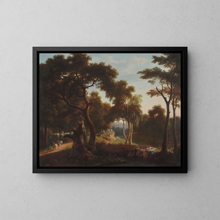 Landscape painting with laundresses by the water - Pierre Jean Boquet — framed artwork on a wall