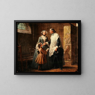 L'abbé de catechism receiving a child brought by his sister - Pierre Louis Dumesnil the Younger — framed artwork on a wall