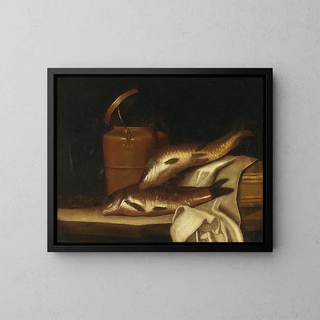 Still life with carp in front of a copper kettle - Pierre Nichon — framed artwork on a wall