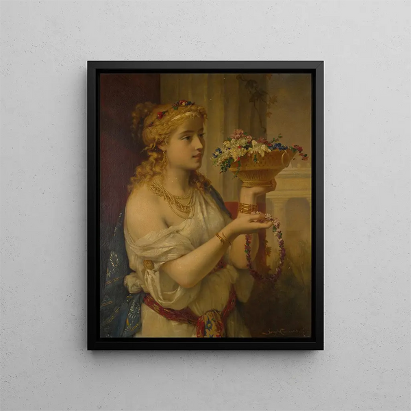 Young girl with flowers - Pierre Olivier Joseph Coomans — framed artwork on a wall