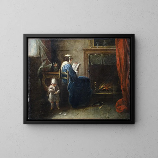 Woman reading in front of a fireplace - Pierre Parrocel — framed artwork on a wall