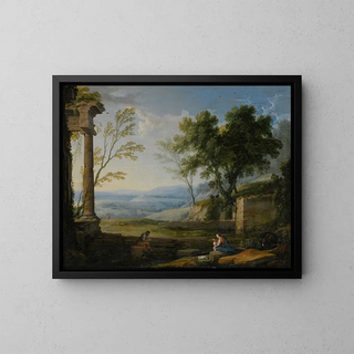 Classic landscape painting with ancient ruins and figures in the foreground - Pierre Patel the Elder — framed artwork on a wall