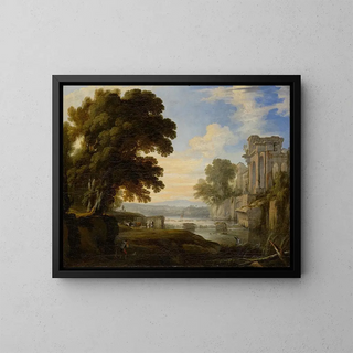 Riverbank with ancient ruins - Pierre Patel the Elder — framed artwork on a wall