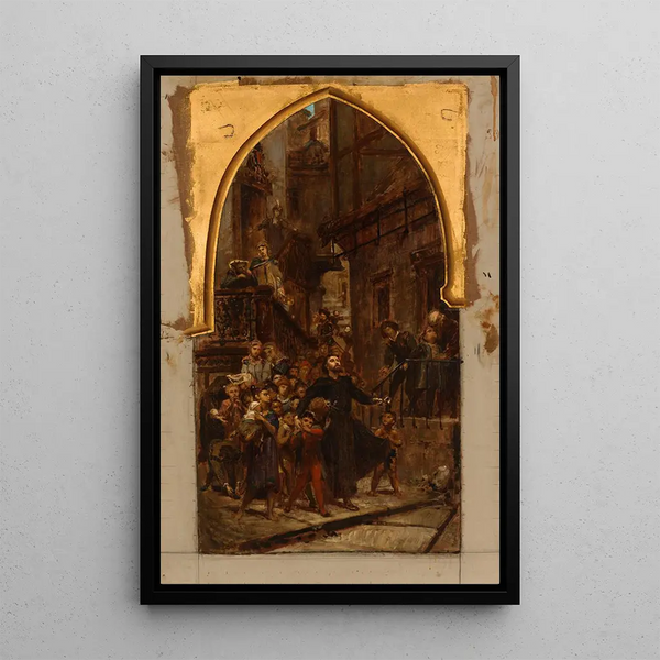 Saint Francis Xavier walking through the streets of Goa to call children and slaves to catechism - Pierre Paul Léon Glaize — framed artwork on a wall