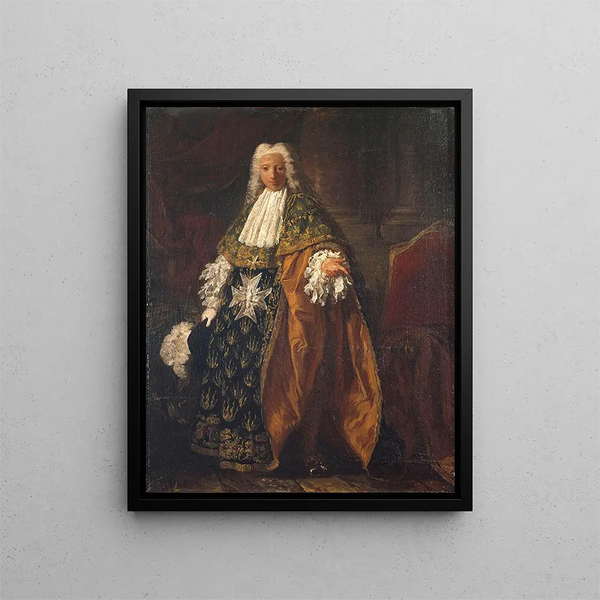 Portrait painting of Paul Hippolyte de Beauvillier, Duke of Saint-Aignan, 1684-1776, as a Knight of the Order of the Holy Spirit - Pierre Subleyras — framed artwork on a wall