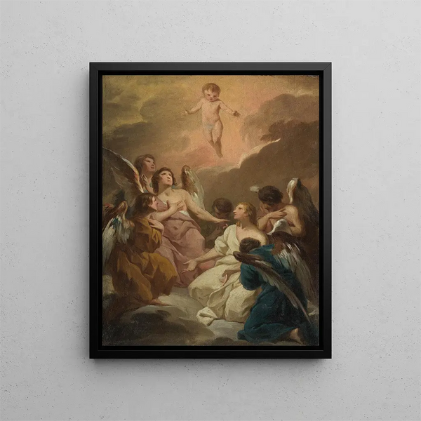 Seven Angels Worshiping the Child Jesus - Pierre Subleyras — framed artwork on a wall