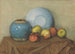 Apples, round pot and plate on a table - Piet Mondrian — artwork view
