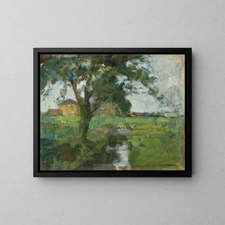 Landscape painting with tree in the foreground and irrigation ditch - Piet Mondrian — framed artwork on a wall